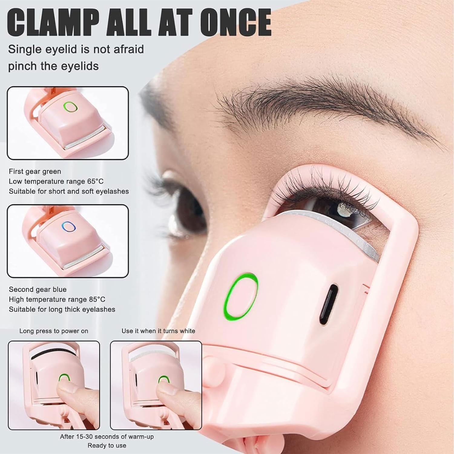 Heated Eyelash Curler showing user instructions and features for enhancing eyelashes.
