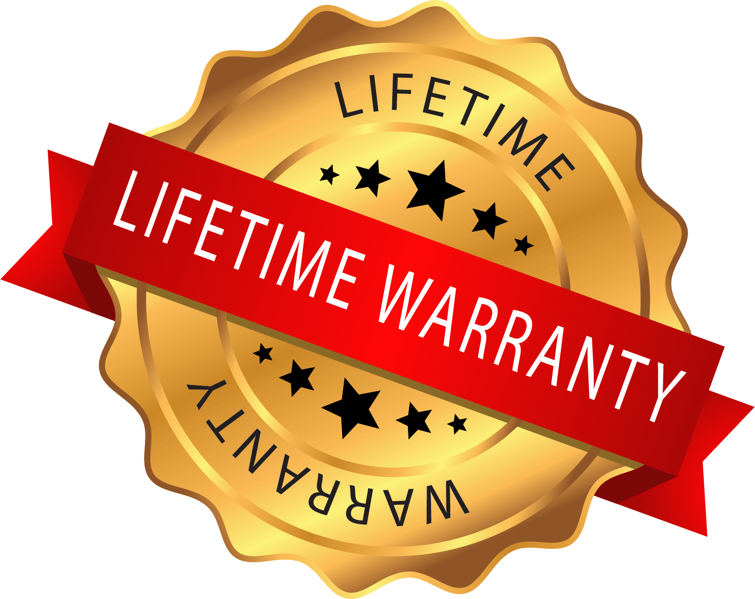 Gold seal showcasing Lifetime Warranty with red ribbon and stars for premium quality assurance.