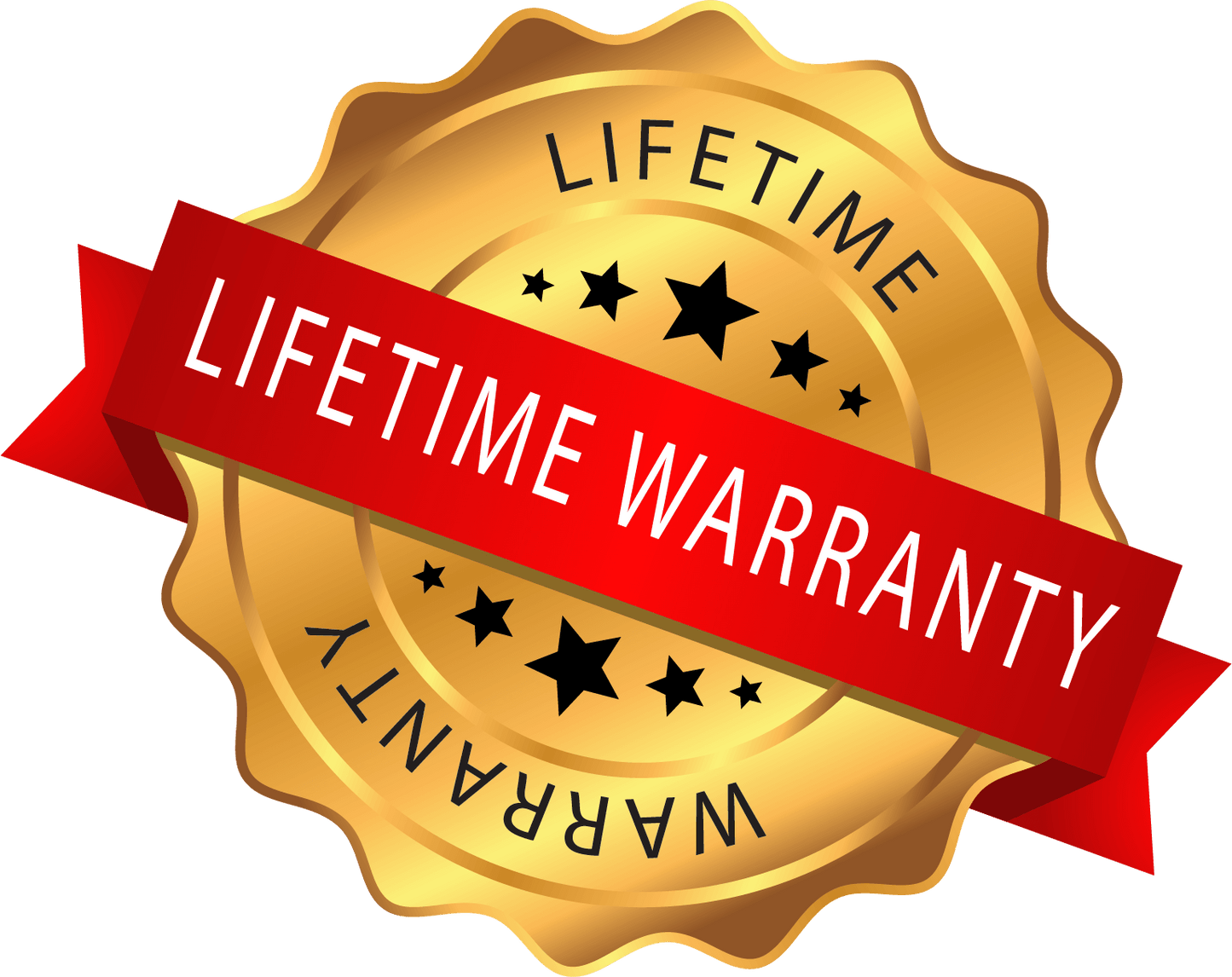 Gold seal showcasing Lifetime Warranty with red ribbon and stars for premium quality assurance.